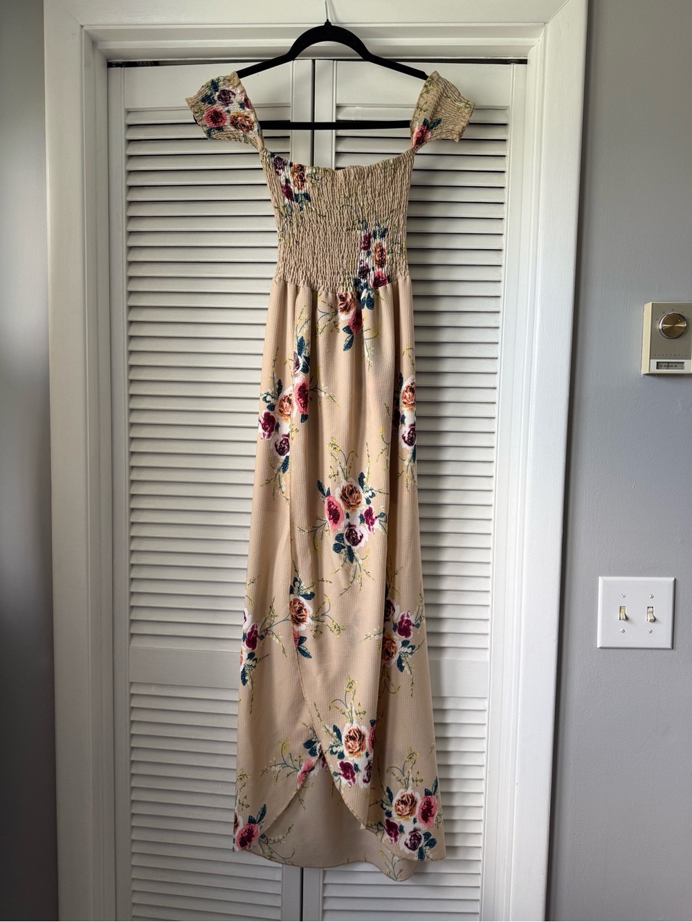 Beige Floral Smocked Maxi Dress - Women's
